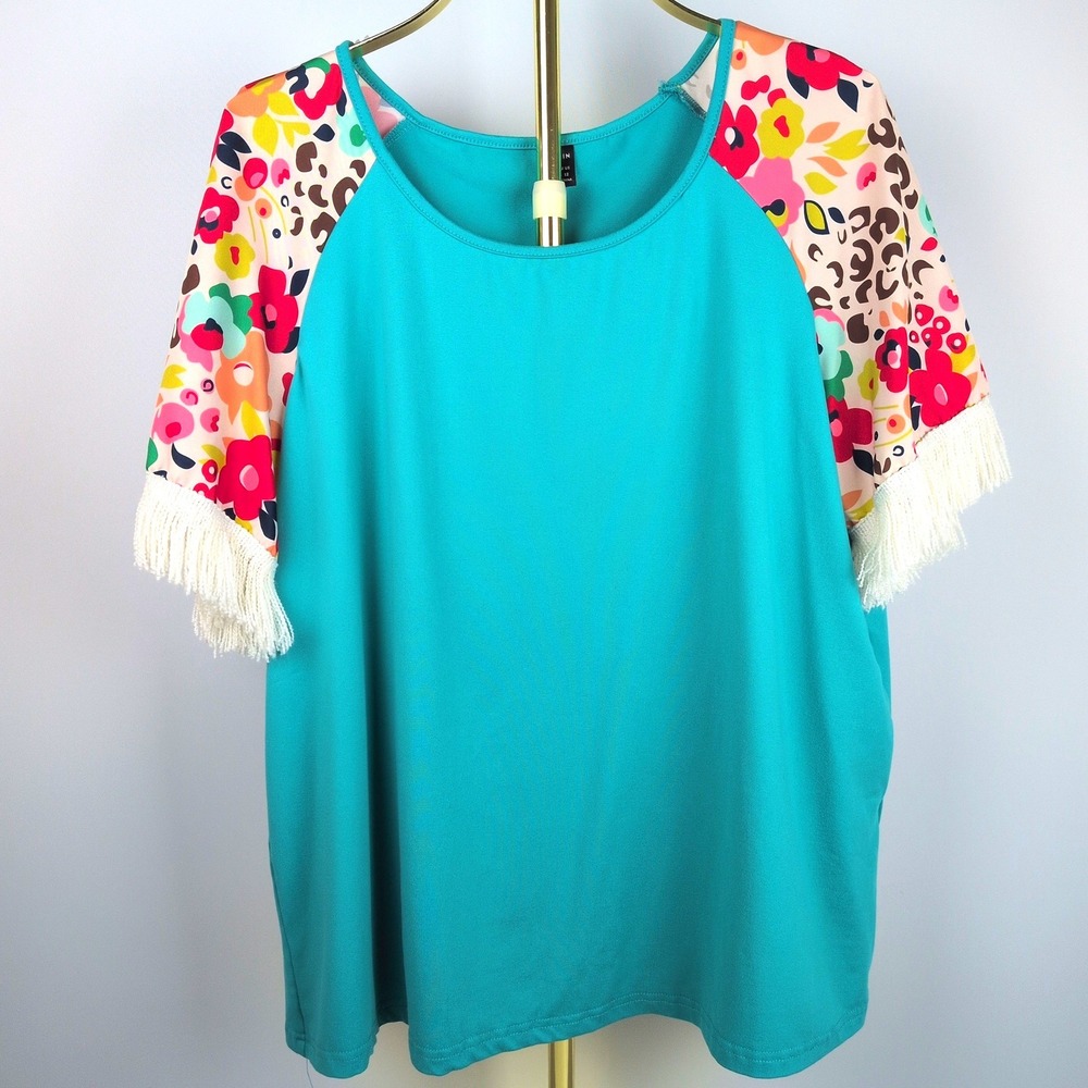 Women's XL T-Shirt Teal Floral Leopard Raglan Fringe Boho Top